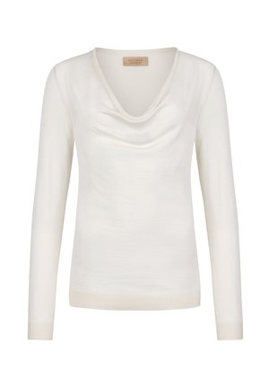 Biały sweter z długim rękawem, z kołnierzem typu komin oraz ściągaczami na mankietach i u dołu, oznaczony jako kaszmirowa wełna Falconeri.