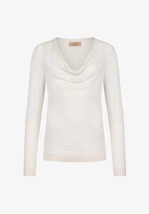 Biały sweter z długim rękawem, z kołnierzem typu komin oraz ściągaczami na mankietach i u dołu, oznaczony jako kaszmirowa wełna Falconeri.