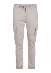 Lichtgrijze cargo pantalons met een elastische tailleband, trekkoordsluiting, zijzakken en aansluitende boorden. Gemaakt van een zachte katoenmix.