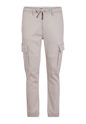 Pantalones cargo gris claro con cintura elástica, cierre de cordón, bolsillos laterales y puños ajustados. Confeccionados en una suave mezcla de algodón.