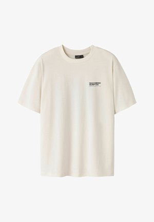 Off-white T-shirt med korte ærmer og rund hals med lille sort tekst "San Diego Surf Co." på venstre bryst.