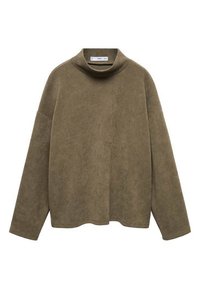 Pull oversize vert olive à manches longues avec un col roulé ample et un tissu doux et texturé.