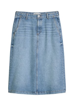 Jupe en denim bleu clair avec boutons sur le devant, fermeture éclair, passants pour ceinture, poches avant inclinées, longueur genou, coupe droite.