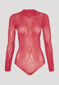 Body rosso a maniche lunghe con un design a rete trasparente ondulata, colletto alto e silhouette aderente. Motivo testurizzato su tutta la superficie.