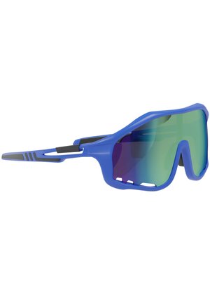 Blue sports sunglasses with single green reflective lens and vented frame, designed for outdoor athletic activities.