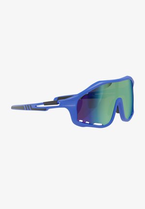 Blaue Sportsonnenbrille mit grünem reflektierendem Einzelglas und belüftetem Rahmen, entwickelt für Outdoor-Sportaktivitäten.