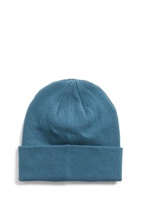 Bonnet en tricot bleu avec un revers. Fabriqué en matériau doux, il présente une texture lisse et une forme de couronne arrondie. Aucun motif ni accessoire.