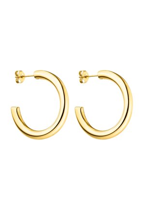 Paire de boucles d'oreilles créoles en or poli avec fermoirs à tige, design épais et arrondi, présentée sur fond blanc.