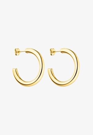 Paire de boucles d'oreilles créoles en or poli avec fermoirs à tige, design épais et arrondi, présentée sur fond blanc.