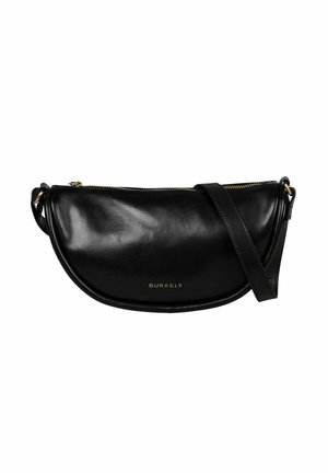 Borsa a tracolla in pelle nera a mezzaluna con zip dorata e logo "Burkely", dotata di tracolla regolabile e accessori in ottone.