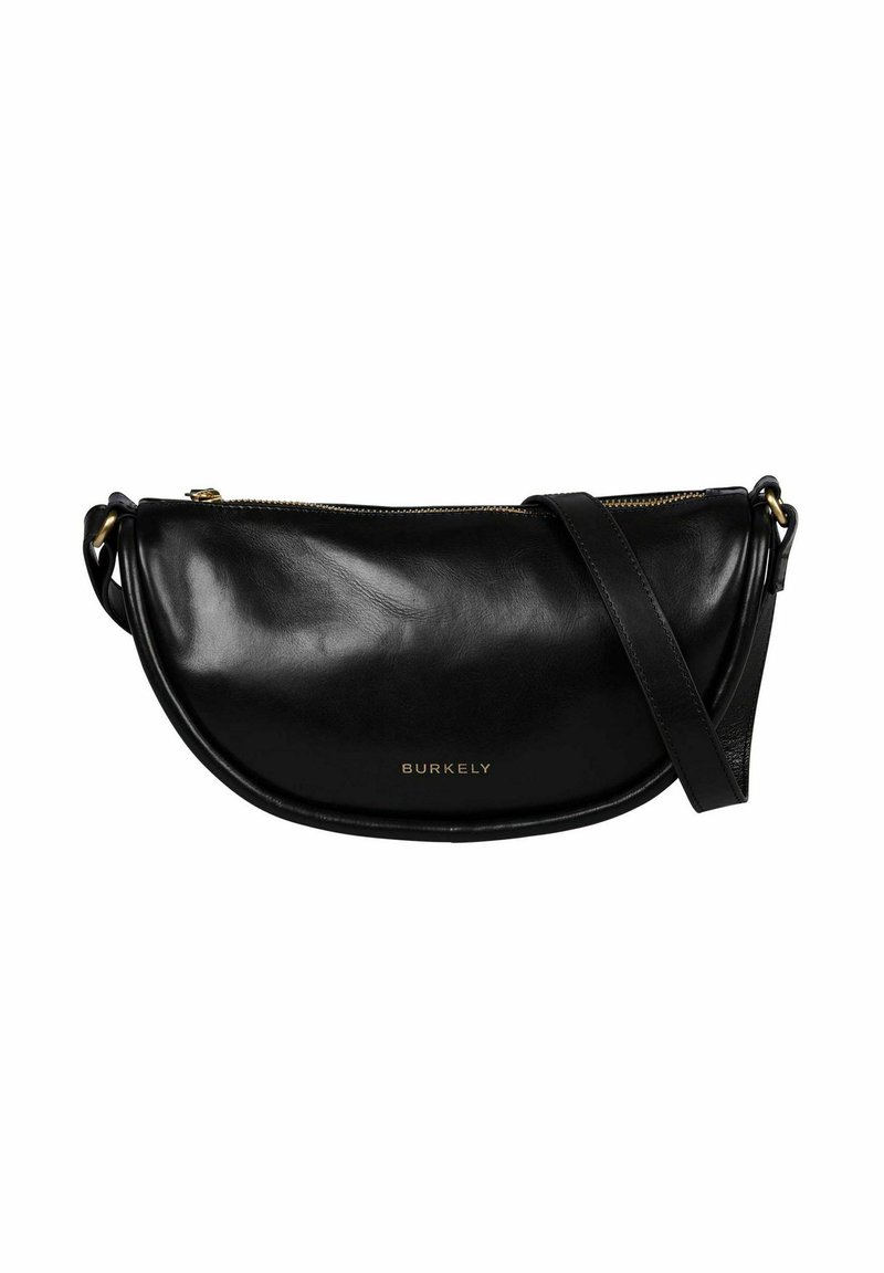 Borsa a tracolla in pelle nera a mezzaluna con zip dorata e logo "Burkely", dotata di tracolla regolabile e accessori in ottone.