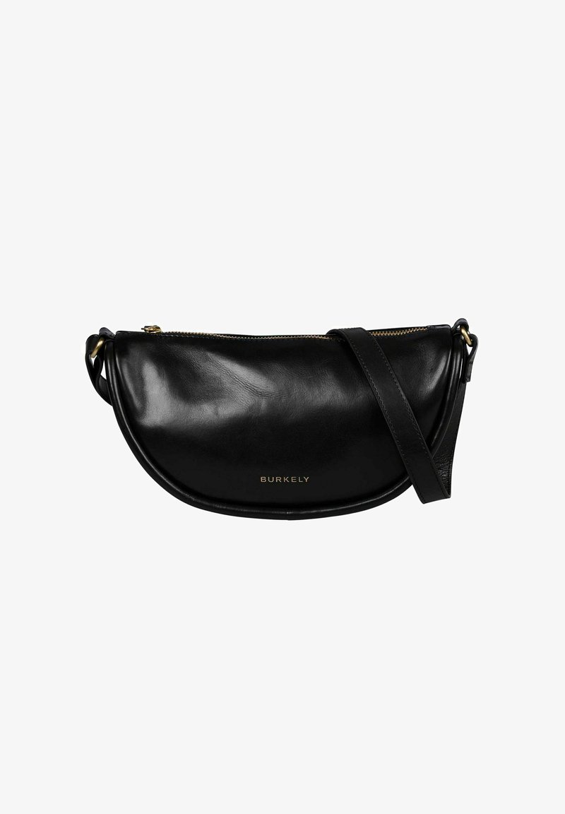Borsa a tracolla in pelle nera a mezzaluna con zip dorata e logo "Burkely", dotata di tracolla regolabile e accessori in ottone.