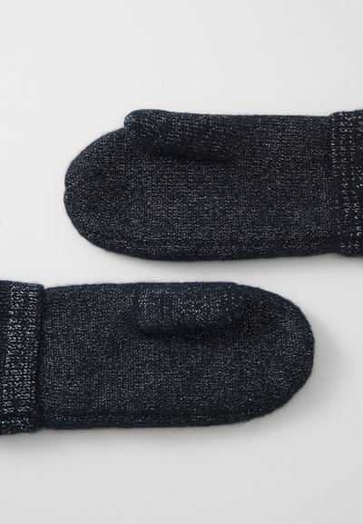 Moufles en tricot bleu marine avec une finition texturée, dotées d'un poignet retroussé et d'un accès au pouce. Matériau doux et chaud avec une légère brillance.