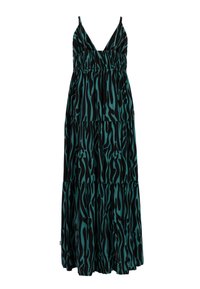 Sleeveless maxi dress with deep V-neck, tiered skirt, and teal and black abstract animal print pattern.
