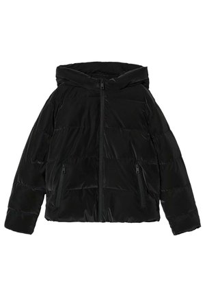 Sort dunjakke med hætte, lynlås foran og to lynlåslommer i siden, lagt fladt på en hvid baggrund.