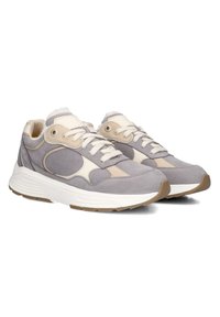Gray suede sneakers with cream accents, round toe, lace-up closure, and textured rubber sole. Features padded collar and eyelets.