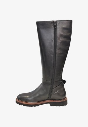 Zwarte leren kniehoge laars met een zijrits, ronde neus, gestructureerde bovenkant en contrasterende bruine zooldetails.