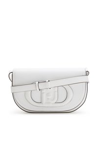 Borsa a tracolla in pelle bianca con forma curva, cinturino regolabile e logo impresso. Presenta cuciture a contrasto e chiusura a pattina.