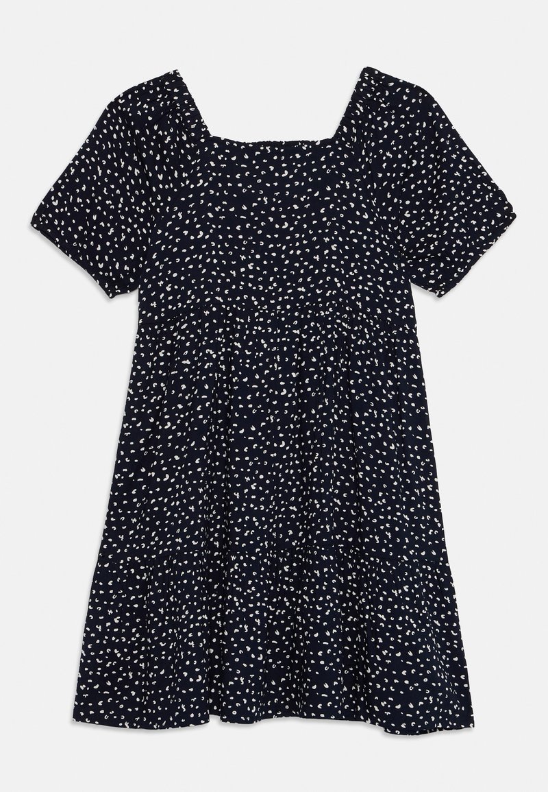 Μπλε στρατιωτική φόρεμα με κοντά μανίκια, τετράγωνη λαιμόκοψη, επίπεδη σχεδίαση και διάσπαρτο λευκό μοτίβο. Μαλακό ύφασμα, κόψιμο μέχρι το γόνατο.