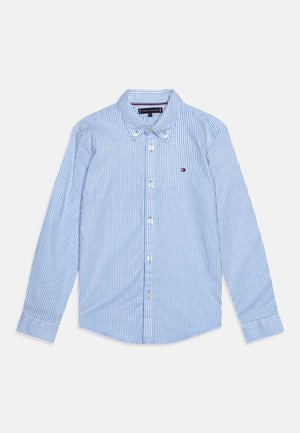 Camicia a maniche lunghe con righe blu e bianche verticali, colletto rigido, e un piccolo logo sul petto. Materiale in cotone.
