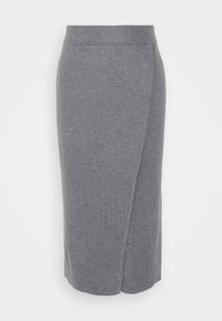 Grå, knälång omslagskjol i mjukt tyg. Har en slät midjeband och en subtil överlappande design på ena sidan.