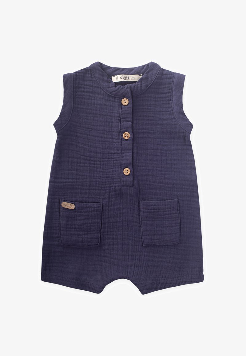 Mono sin mangas de color azul marino, hecho de tejido texturizado, con un cuello redondo, botones de madera y dos bolsillos frontales.