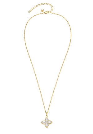 Gold chain necklace with a four-petal flower pendant adorned with clear gemstones and an adjustable clasp.