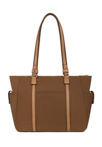 Sac fourre-tout marron en tissu durable, doté de deux longues anses et d'une poche avant. Agrémenté de coutures plus claires pour le détail.
