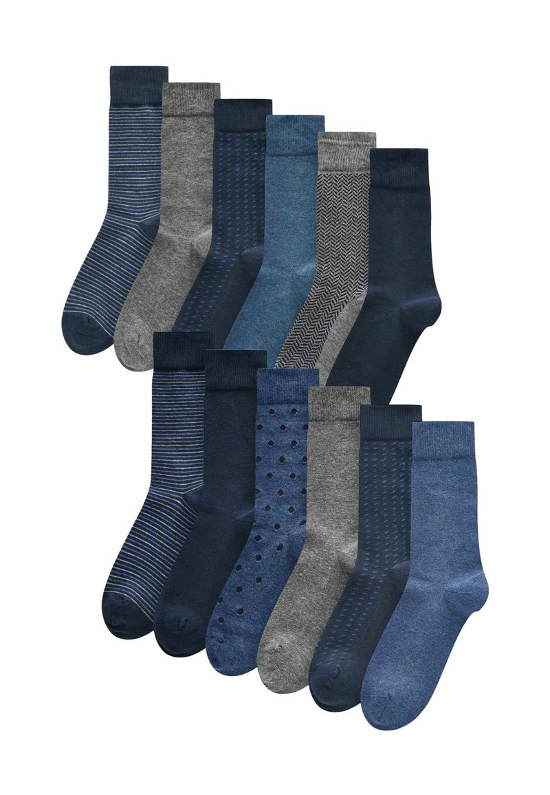 Twelve pairs of socks in various shades of blue and gray. Textures include stripes, dots, and herringbone patterns. Cotton blend material.