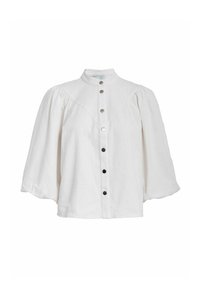 White button-up blouse featuring a high collar, puff sleeves, and black button accents down the front. Made from a lightweight fabric.
