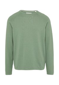 Pull à manches longues vert clair avec col rond et manches raglan, fabriqué en tissu doux avec une texture subtile, doté d'un ourlet droit.