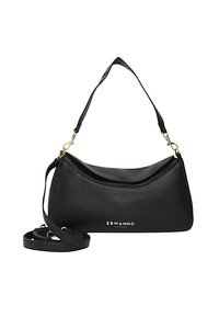 Borsa a tracolla in pelle nera con finitura texture, forma curva, dettagli in metallo dorato e tracolla staccabile.