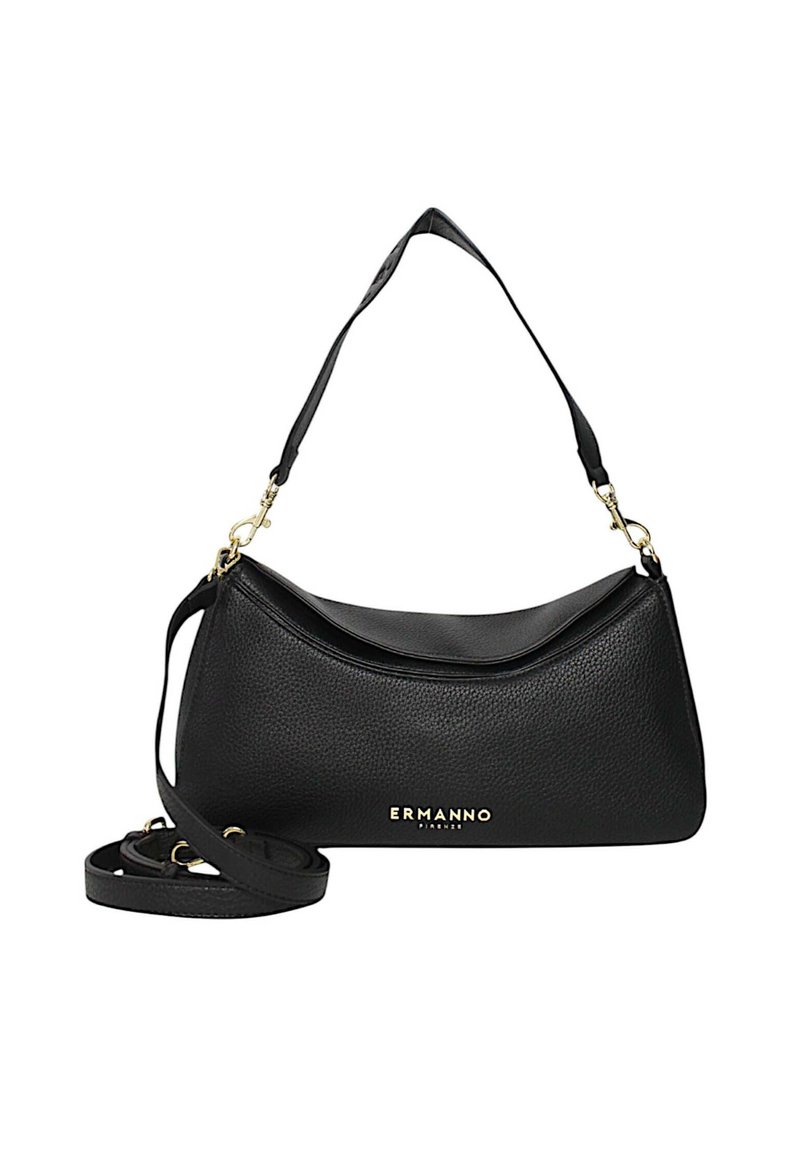 Borsa a tracolla in pelle nera con finitura texture, forma curva, dettagli in metallo dorato e tracolla staccabile.