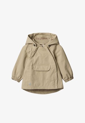 Giacca leggera beige con cappuccio regolabile, polsini elasticizzati e tasca frontale. L'interno presenta un motivo a scacchi.