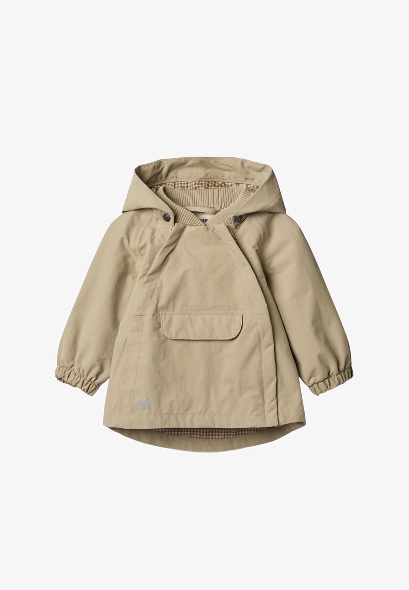 Beige leichte Jacke mit Kordelzugkapuze, elastischen Bündchen und einer Vorderentasche. Das Innenfutter hat ein kariertes Muster.