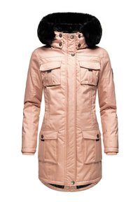 Lichtroze gewatteerde jacket met een zwarte nepbont capuchon, vier voorzakken, drukknoopsluitingen en een gestikt patroon op het lijf.