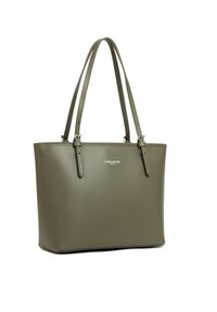 Sac tote vert olive avec deux longues anses et une surface lisse, arborant le nom de la marque "LANCASTER PARIS" imprimé à l'avant.