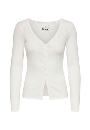 Biały top z długim rękawem, dekoltem w serek, zapinany na guziki z przodu, o prążkowanej fakturze i rozcięciu na dole. Wykonany z miękkiej mieszanki bawełny.