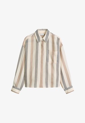 Camicia crema a maniche lunghe con strisce verticali marroni e nere, colletto a punta, polsini con bottoni e una tasca sul petto sul lato sinistro.