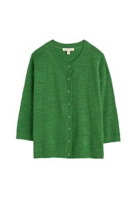 Zaļš adīts kardigans ar apaļu kakla izgriezumu, sešu pogu aizdari, trīs ceturtdaļu garuma piedurknēm un ribotām mansetēm un apakšmalu.