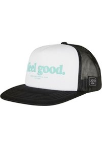 Crna i bijela trucker kapa s ravnim ozbiljem, s tirkiznim natpisom "feel good." i oznakom brenda sa strane; mrežasta poleđa za ventilaciju.