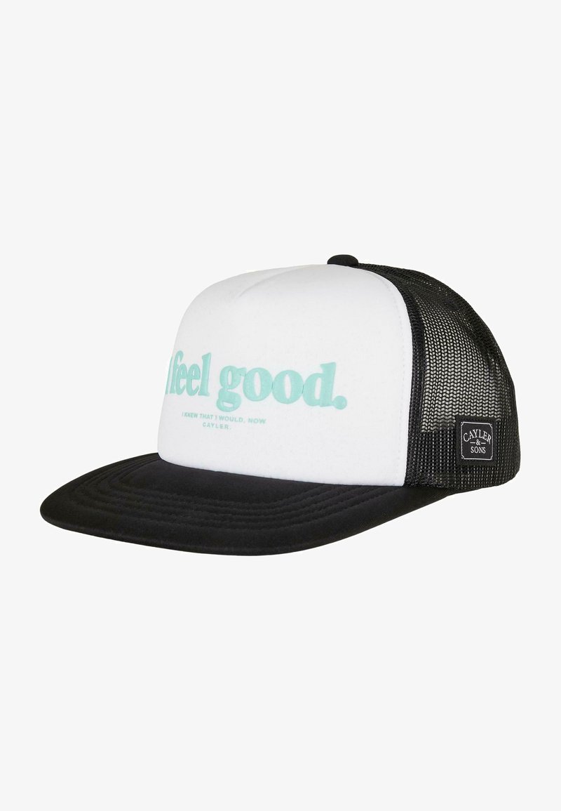 Black and white trucker cap with a flat brim, featuring turquoise text "feel good." and branding tag on the side; mesh back for ventilation.