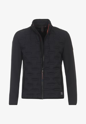 Gepolsterte schwarze Jacke mit einem Reißverschluss auf der Vorderseite, hohem Kragen und kontrastierenden roten Akzenten. Verfügt über eine strukturierte Oberfläche und Seitentaschen.