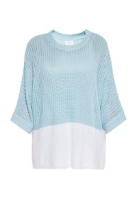 Maglione lavorato a maglia blu chiaro e bianco, vestibilità ampia, maniche corte, motivo testurizzato, collo a costine, caratterizzato da un design a blocchi di colore.