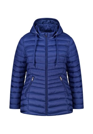 Doudoune bleu marine avec capuche, dotée d'un design en quilt horizontal, de deux poches zippées à l'avant et d'un cordon de serrage à la capuche.