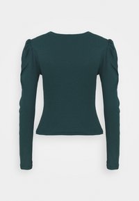 Teal long-sleeve top with a fitted shape, ribbed texture, and puffed shoulders. Round neckline and straight hem. Suitable for layering.