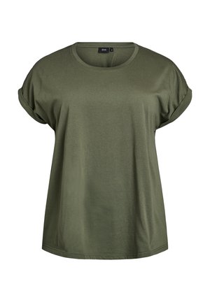 Oliwkowa koszulka z krótkim rękawem z podwiniętymi mankietami i okrągłym dekoltem, rozmiar średni, miękka tkanina.