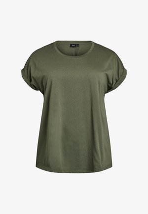 Olivgrünes, kurzärmliges T-Shirt mit umgeschlagenen Ärmeln und Rundhalsausschnitt, Größe Medium, aus weichem Stoff.