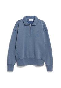 Blauwe sweatshirt met een kwart-rits kraag, ribgebreide onderrand en mouwen, met een reliëflogo op de borst. Gemaakt van zachte, gestructureerde stof.