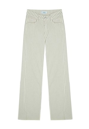 Pantaloni evazați de culoare crem deschis, cu dungi verticale întunecate. Au cinci buzunare și închidere cu nasture. Textură netedă, design casual.